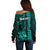 Personalized Hawaii Hauoli Makahiki Hou Off Shoulder Sweater Lono Hawaiian God Kakau Polynesian Tribal Turquoise LT05 - Polynesian Pride