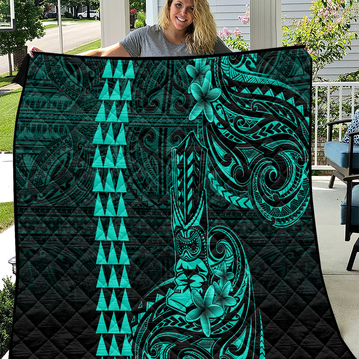 Hawaii Hauoli Makahiki Hou Quilt Lono Hawaiian God Kakau Polynesian Tribal Turquoise LT05 Turquoise - Polynesian Pride