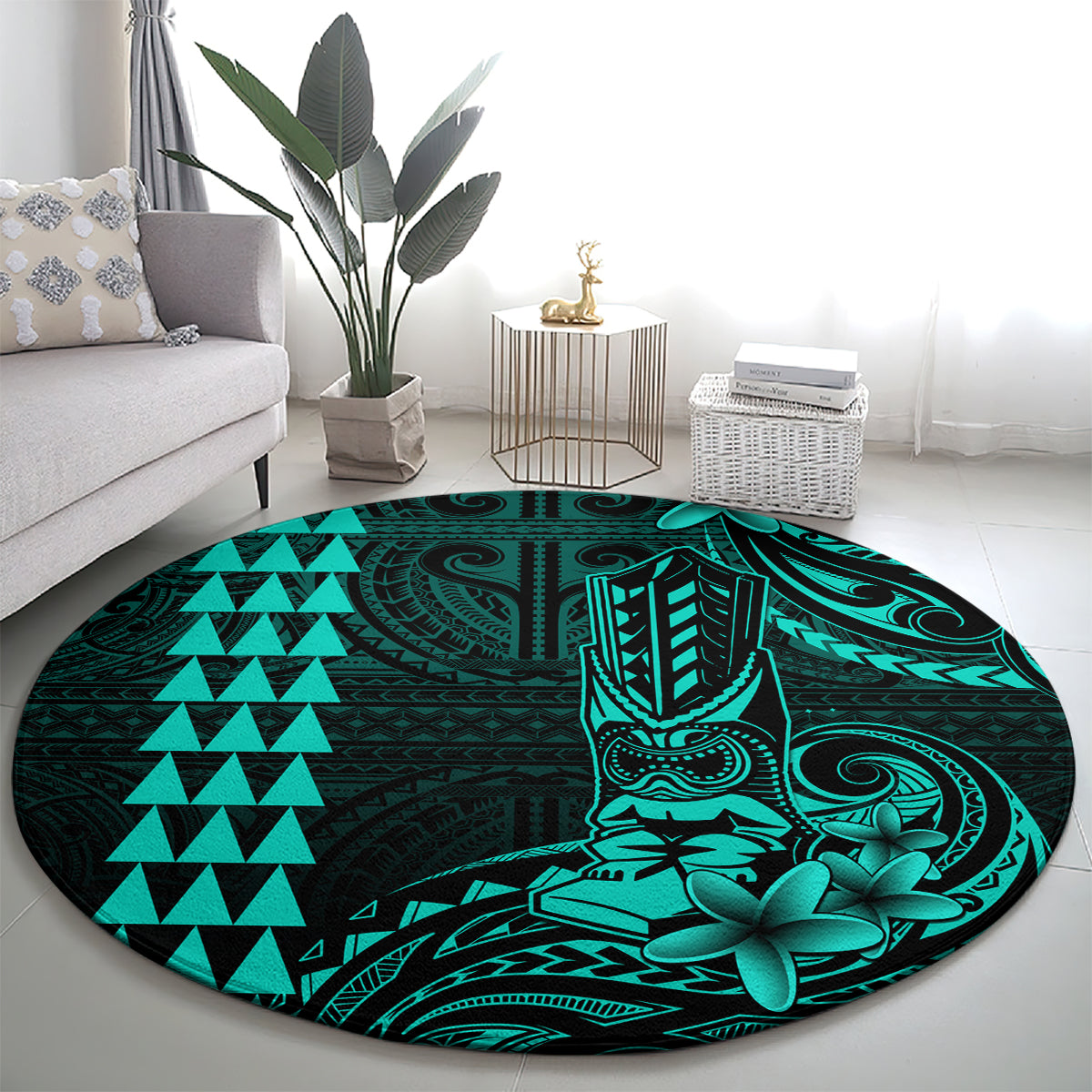 Hawaii Hauoli Makahiki Hou Round Carpet Lono Hawaiian God Kakau Polynesian Tribal Turquoise LT05 - Polynesian Pride