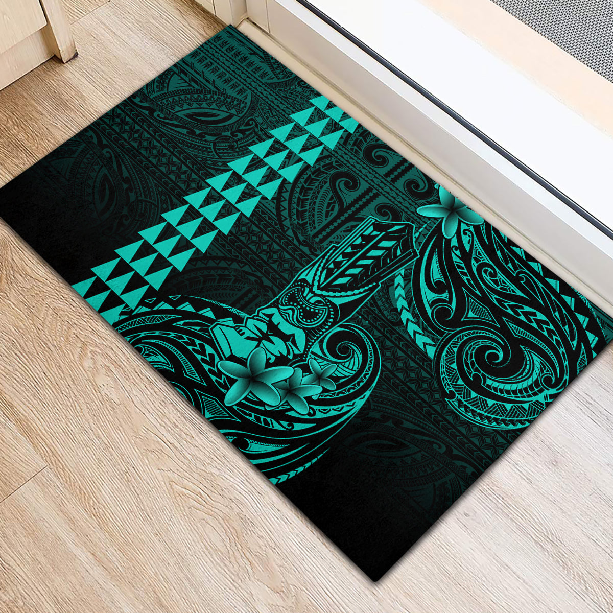 Hawaii Hauoli Makahiki Hou Rubber Doormat Lono Hawaiian God Kakau Polynesian Tribal Turquoise LT05 - Polynesian Pride