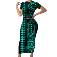 Personalized Hawaii Hauoli Makahiki Hou Short Sleeve Bodycon Dress Lono Hawaiian God Kakau Polynesian Tribal Turquoise LT05 Long Dress Turquoise - Polynesian Pride