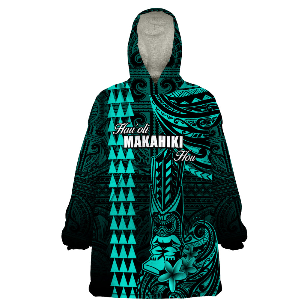 Personalized Hawaii Hauoli Makahiki Hou Wearable Blanket Hoodie Lono Hawaiian God Kakau Polynesian Tribal Turquoise LT05 One Size Turquoise - Polynesian Pride