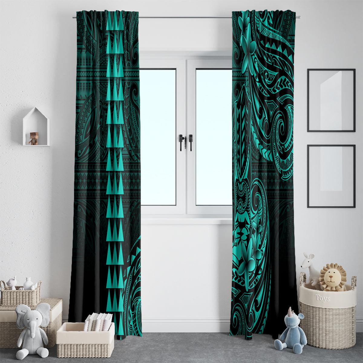 Hawaii Hauoli Makahiki Hou Window Curtain Lono Hawaiian God Kakau Polynesian Tribal Turquoise LT05 - Polynesian Pride