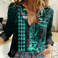 Personalized Hawaii Hauoli Makahiki Hou Women Casual Shirt Lono Hawaiian God Kakau Polynesian Tribal Turquoise LT05 Female Turquoise - Polynesian Pride