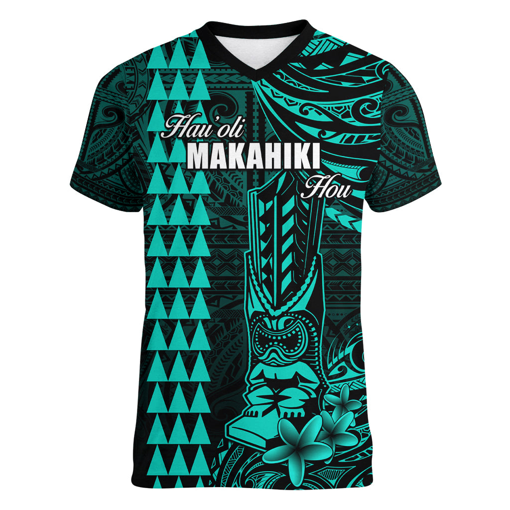 Personalized Hawaii Hauoli Makahiki Hou Women V Neck T Shirt Lono Hawaiian God Kakau Polynesian Tribal Turquoise LT05 Female Turquoise - Polynesian Pride