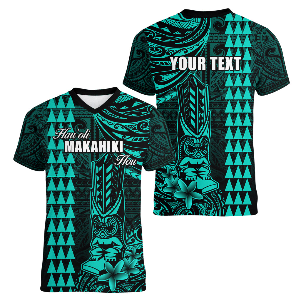 Personalized Hawaii Hauoli Makahiki Hou Women V Neck T Shirt Lono Hawaiian God Kakau Polynesian Tribal Turquoise LT05 - Polynesian Pride