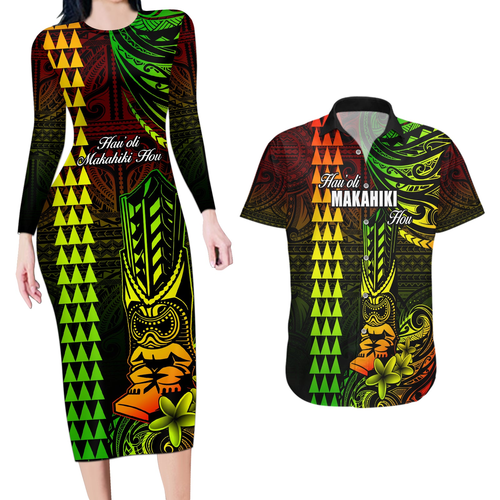 Personalized Hawaii Hauoli Makahiki Hou Couples Matching Long Sleeve Bodycon Dress and Hawaiian Shirt Lono Hawaiian God Kakau Polynesian Tribal Reggae LT05 Reggae - Polynesian Pride