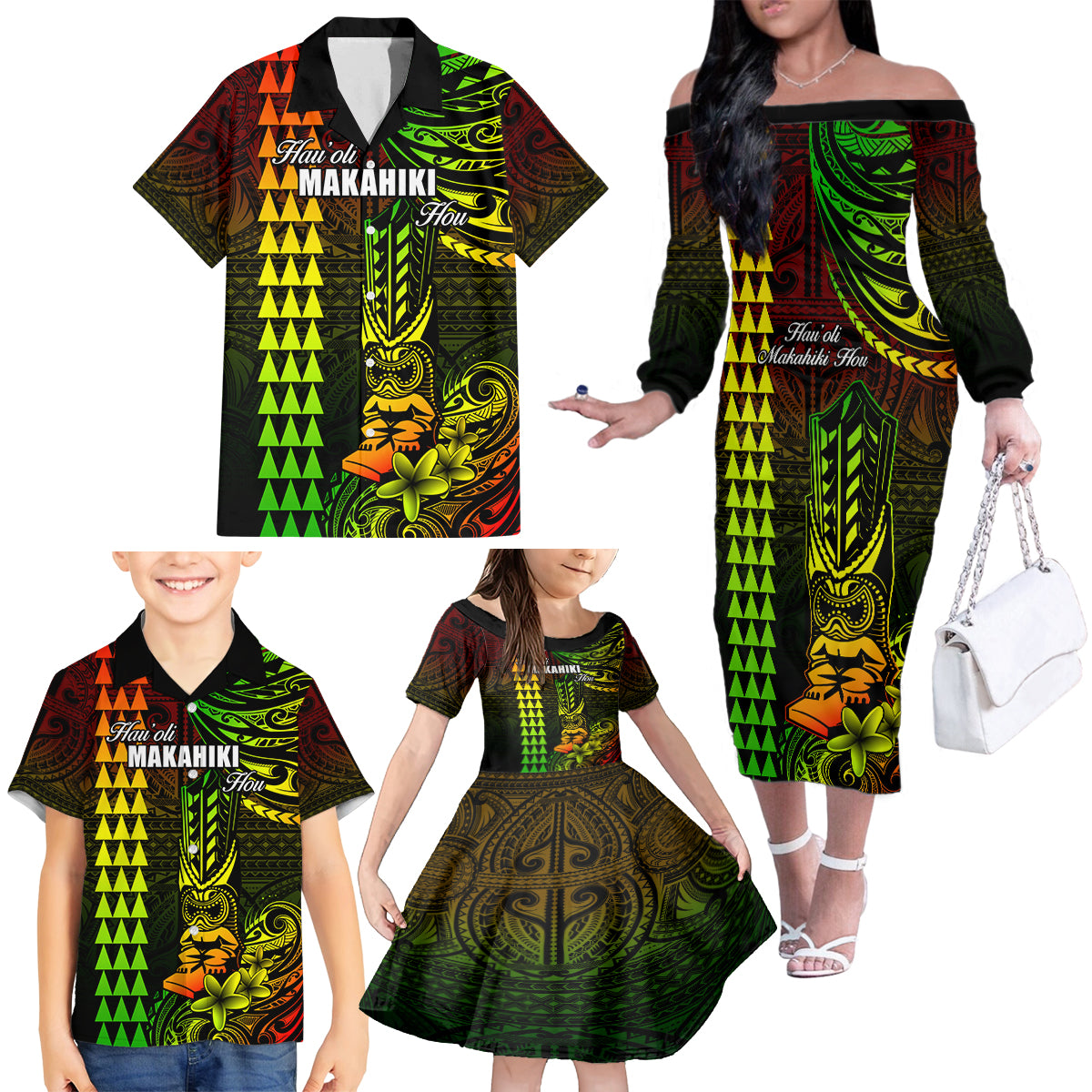 Personalized Hawaii Hauoli Makahiki Hou Family Matching Off Shoulder Long Sleeve Dress and Hawaiian Shirt Lono Hawaiian God Kakau Polynesian Tribal Reggae LT05 - Polynesian Pride