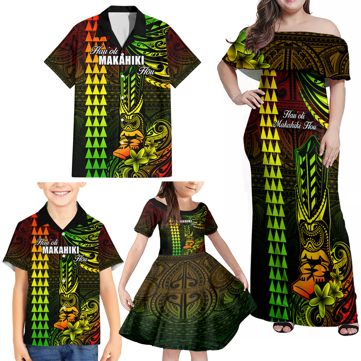 Personalized Hawaii Hauoli Makahiki Hou Family Matching Off Shoulder Maxi Dress and Hawaiian Shirt Lono Hawaiian God Kakau Polynesian Tribal Reggae LT05 - Polynesian Pride