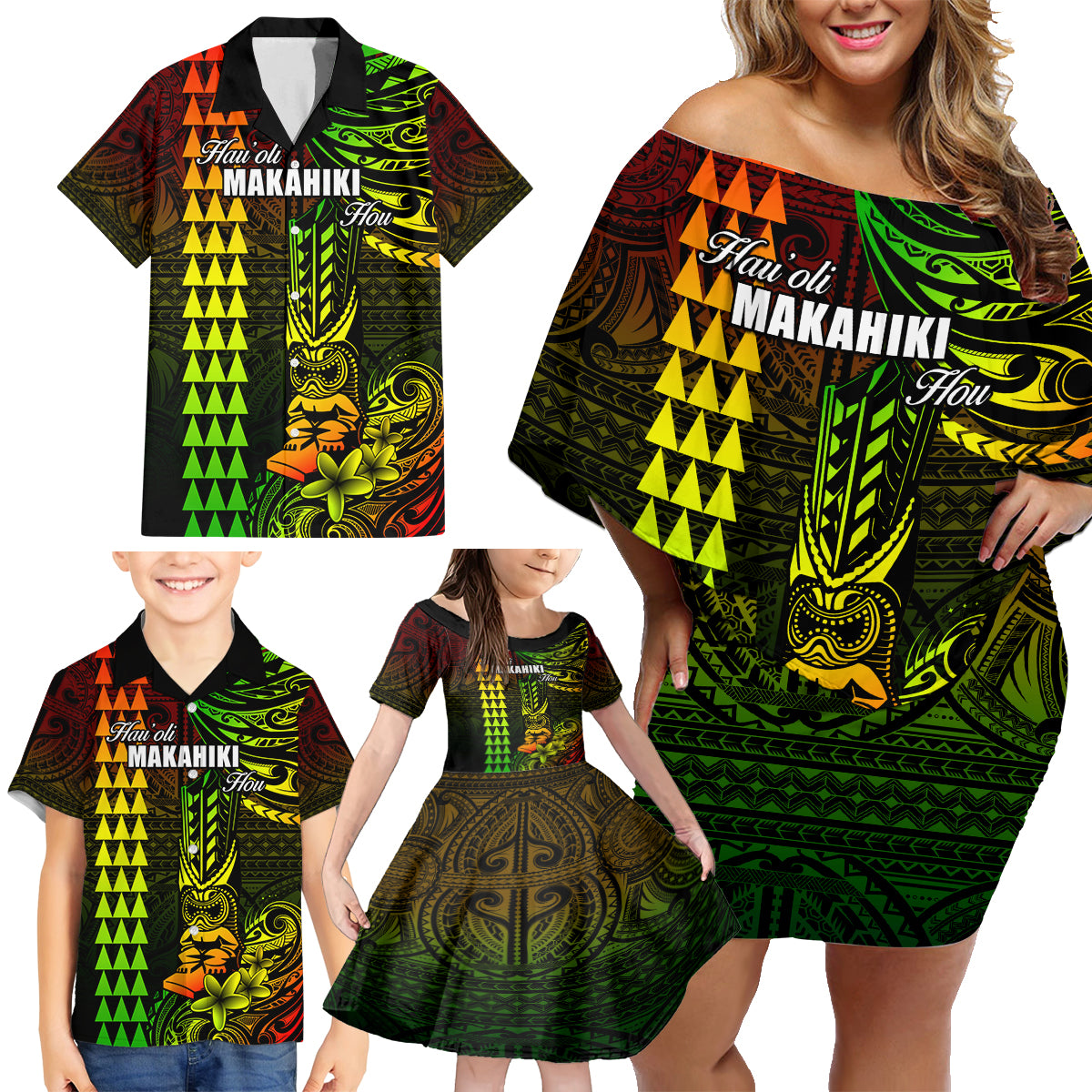 Personalized Hawaii Hauoli Makahiki Hou Family Matching Off Shoulder Short Dress and Hawaiian Shirt Lono Hawaiian God Kakau Polynesian Tribal Reggae LT05 - Polynesian Pride