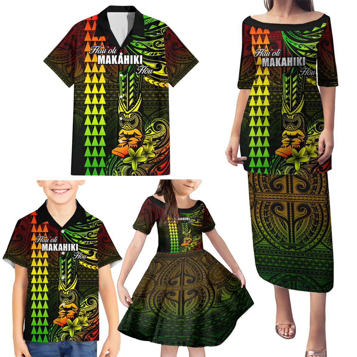 Personalized Hawaii Hauoli Makahiki Hou Family Matching Puletasi Dress and Hawaiian Shirt Lono Hawaiian God Kakau Polynesian Tribal Reggae LT05 - Polynesian Pride