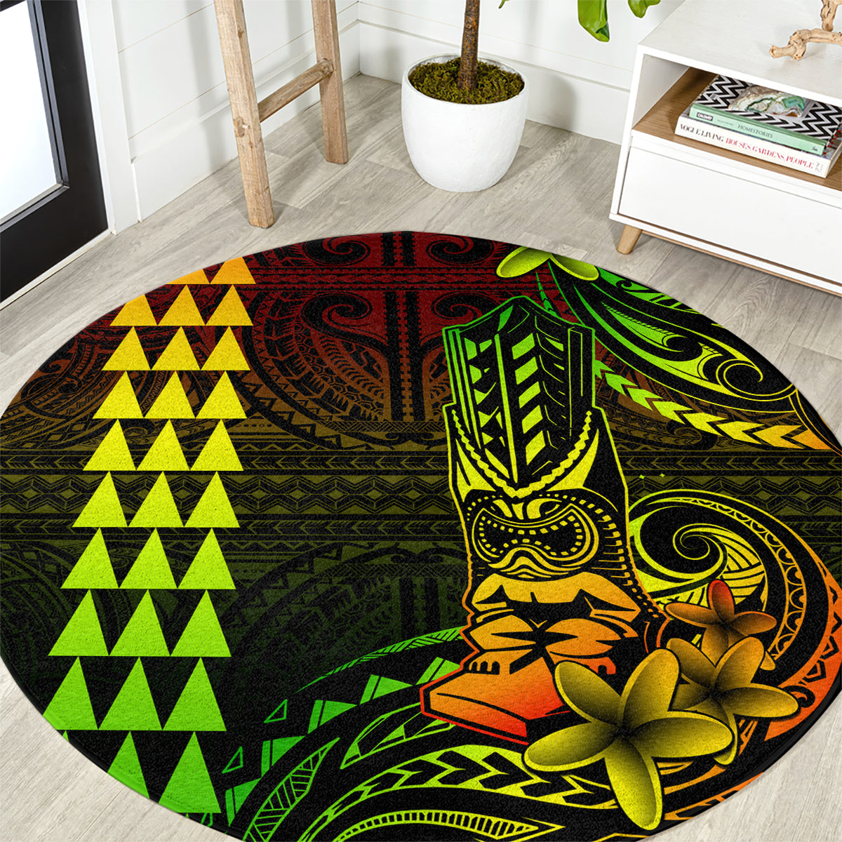 Hawaii Hauoli Makahiki Hou Round Carpet Lono Hawaiian God Kakau Polynesian Tribal Reggae LT05 Reggae - Polynesian Pride