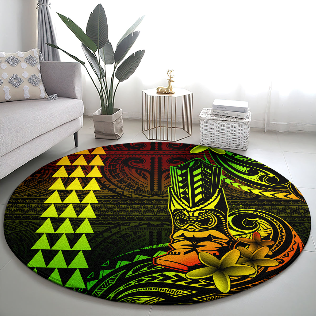 Hawaii Hauoli Makahiki Hou Round Carpet Lono Hawaiian God Kakau Polynesian Tribal Reggae LT05 - Polynesian Pride