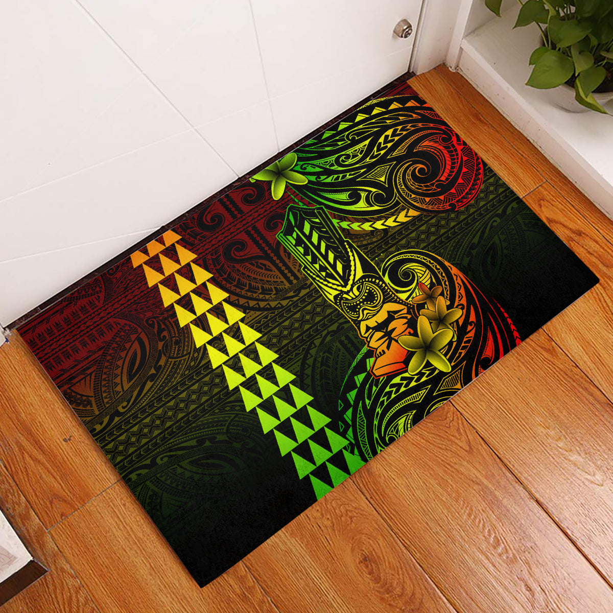 Hawaii Hauoli Makahiki Hou Rubber Doormat Lono Hawaiian God Kakau Polynesian Tribal Reggae LT05 Reggae - Polynesian Pride