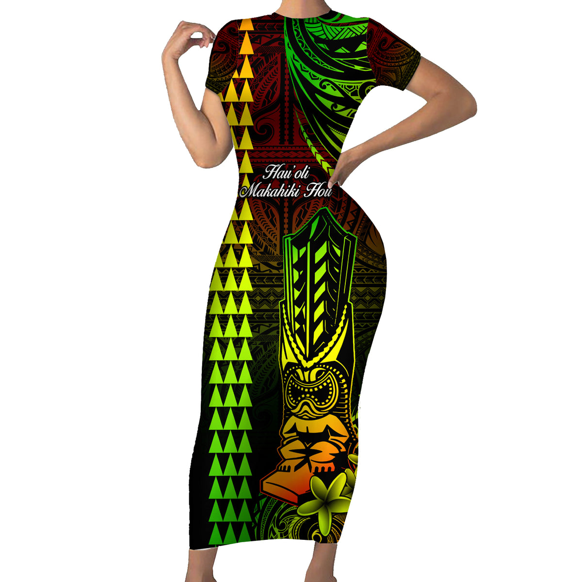 Personalized Hawaii Hauoli Makahiki Hou Short Sleeve Bodycon Dress Lono Hawaiian God Kakau Polynesian Tribal Reggae LT05 Long Dress Reggae - Polynesian Pride
