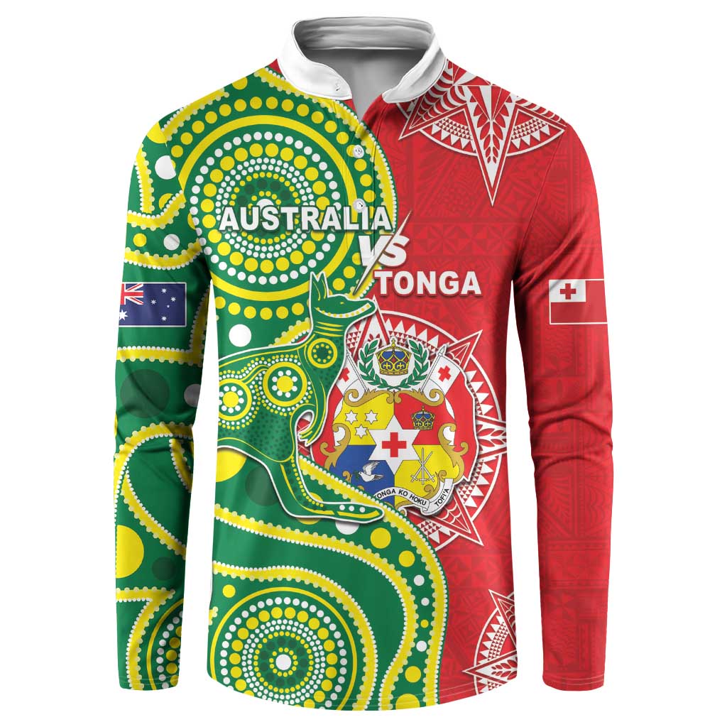 Custom Tonga Australia Rugby Button Sweatshirt Kangaroos And Tonga Mate Maa Together LT05 Green - Polynesian Pride