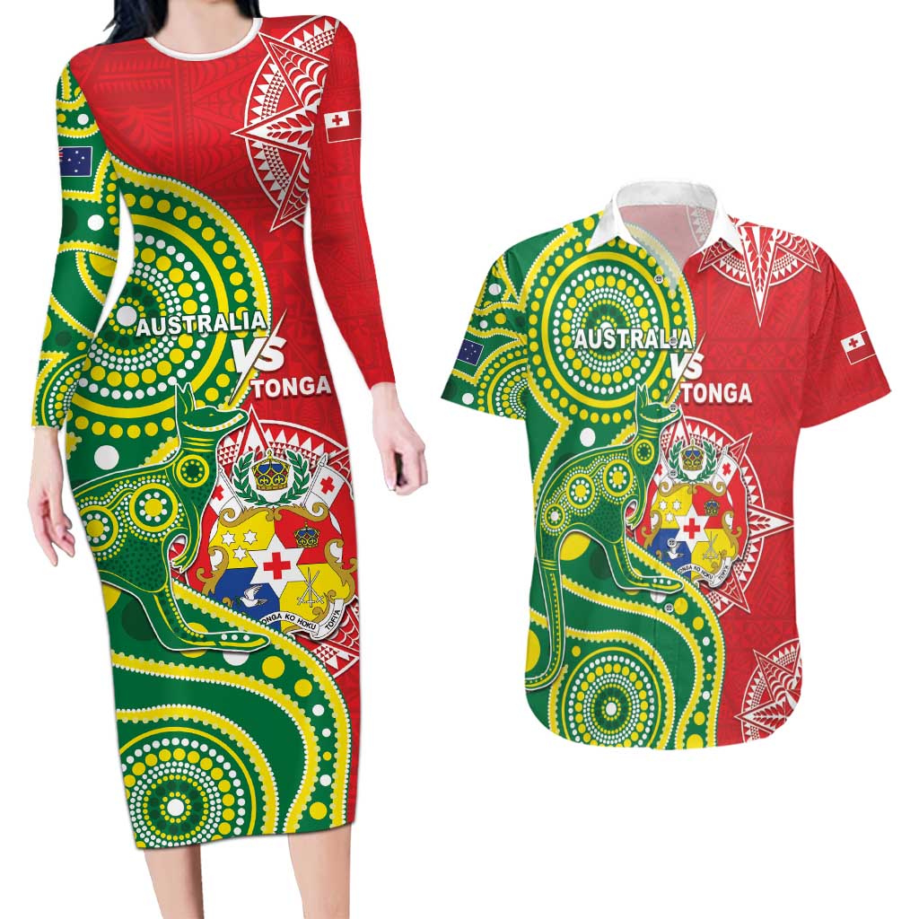 Custom Tonga Australia Rugby Couples Matching Long Sleeve Bodycon Dress and Hawaiian Shirt Kangaroos And Tonga Mate Maa Together