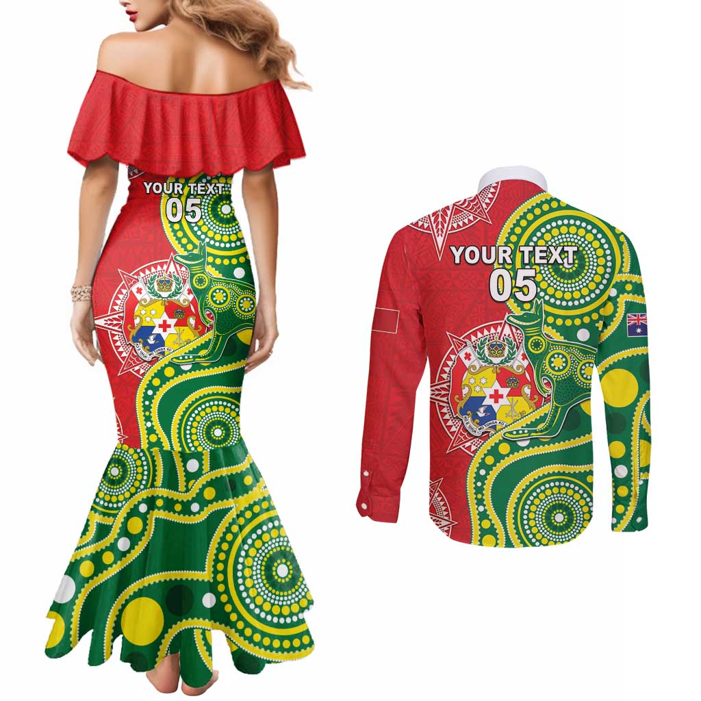 Custom Tonga Australia Rugby Couples Matching Mermaid Dress and Long Sleeve Button Shirt Kangaroos And Tonga Mate Maa Together LT05 - Polynesian Pride