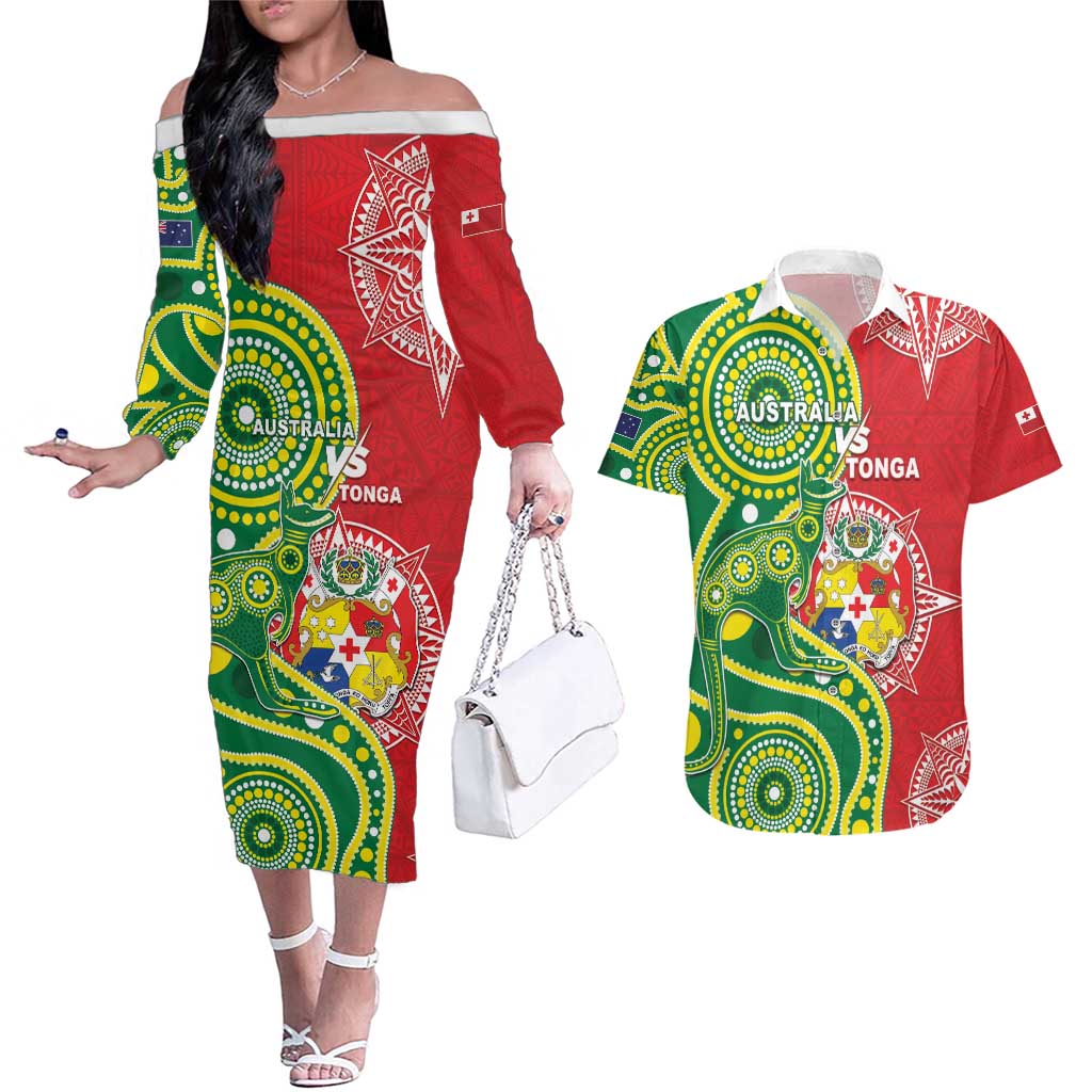 Custom Tonga Australia Rugby Couples Matching Off The Shoulder Long Sleeve Dress and Hawaiian Shirt Kangaroos And Tonga Mate Maa Together