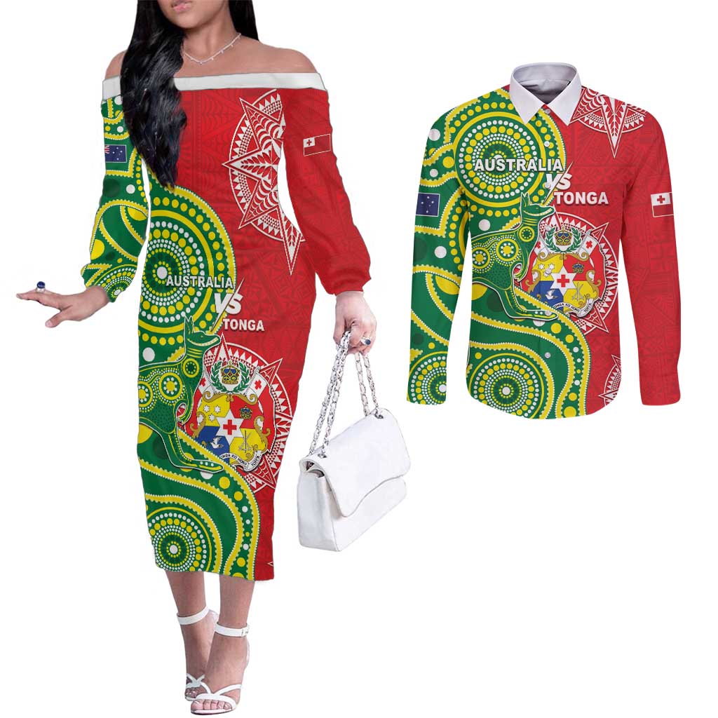 Custom Tonga Australia Rugby Couples Matching Off The Shoulder Long Sleeve Dress and Long Sleeve Button Shirt Kangaroos And Tonga Mate Maa Together LT05 Green - Polynesian Pride