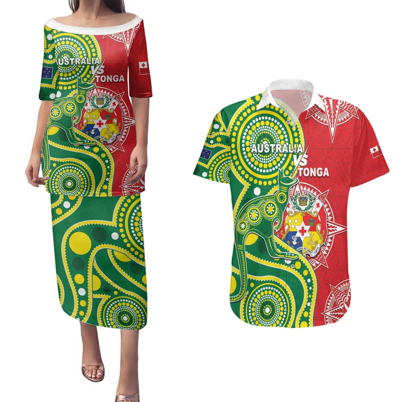 Custom Tonga Australia Rugby Couples Matching Puletasi and Hawaiian Shirt Kangaroos And Tonga Mate Maa Together LT05 Green - Polynesian Pride