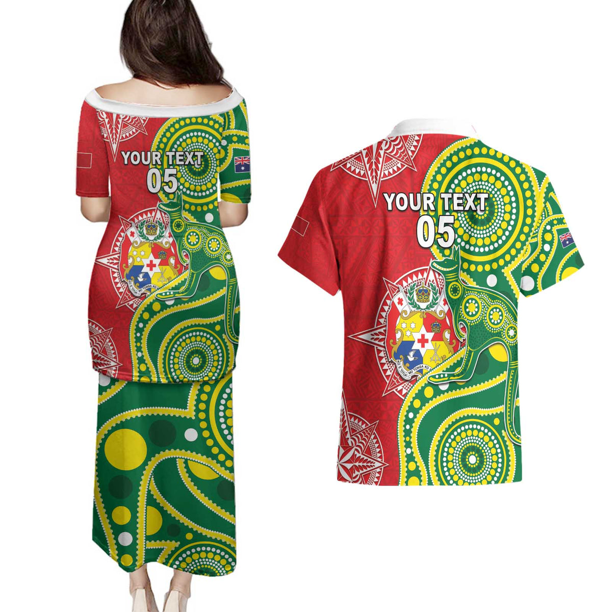 Custom Tonga Australia Rugby Couples Matching Puletasi and Hawaiian Shirt Kangaroos And Tonga Mate Maa Together LT05 - Polynesian Pride