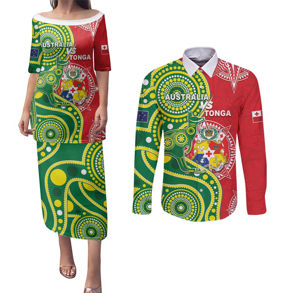 Custom Tonga Australia Rugby Couples Matching Puletasi and Long Sleeve Button Shirt Kangaroos And Tonga Mate Maa Together LT05 Green - Polynesian Pride