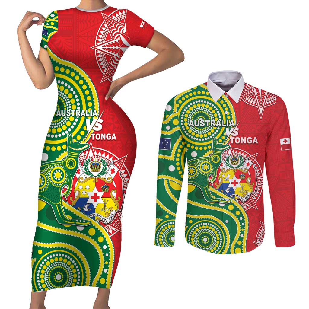 Custom Tonga Australia Rugby Couples Matching Short Sleeve Bodycon Dress and Long Sleeve Button Shirt Kangaroos And Tonga Mate Maa Together LT05 Green - Polynesian Pride