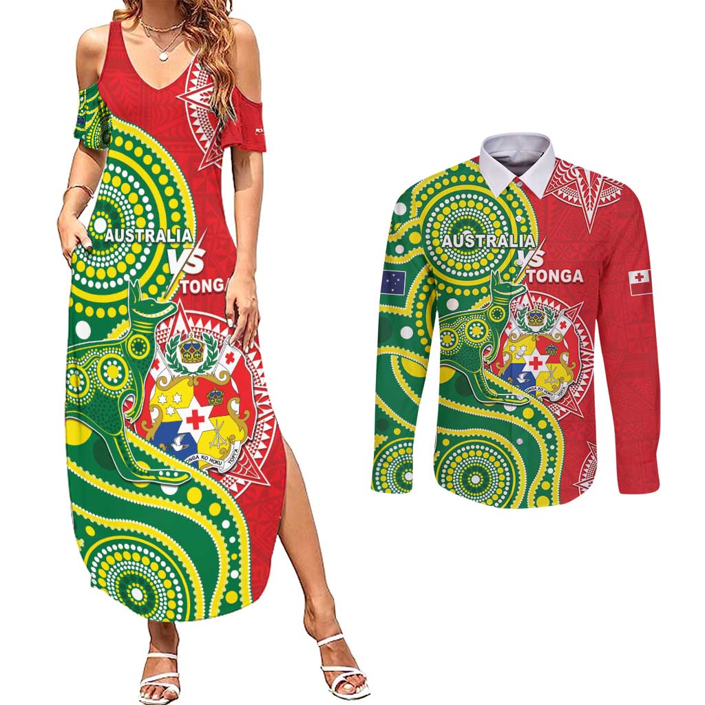 Custom Tonga Australia Rugby Couples Matching Summer Maxi Dress and Long Sleeve Button Shirt Kangaroos And Tonga Mate Maa Together LT05 Green - Polynesian Pride