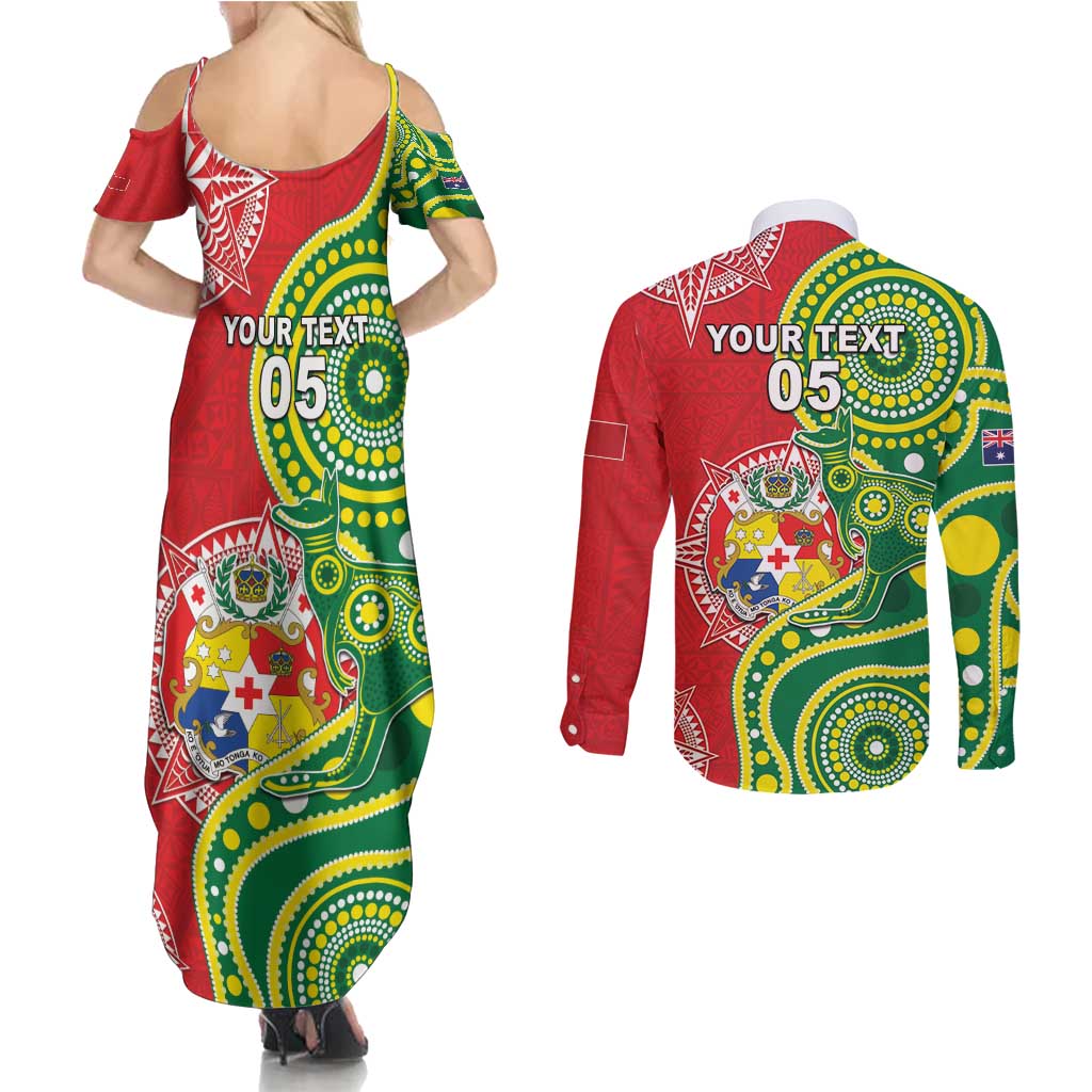 Custom Tonga Australia Rugby Couples Matching Summer Maxi Dress and Long Sleeve Button Shirt Kangaroos And Tonga Mate Maa Together LT05 - Polynesian Pride