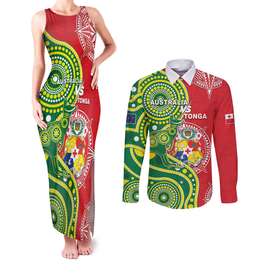 Custom Tonga Australia Rugby Couples Matching Tank Maxi Dress and Long Sleeve Button Shirt Kangaroos And Tonga Mate Maa Together LT05 Green - Polynesian Pride