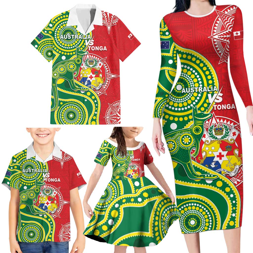 Custom Tonga Australia Rugby Family Matching Long Sleeve Bodycon Dress and Hawaiian Shirt Kangaroos And Tonga Mate Maa Together