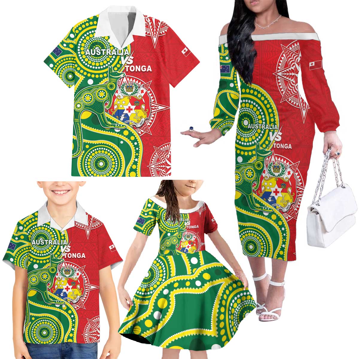 Custom Tonga Australia Rugby Family Matching Off The Shoulder Long Sleeve Dress and Hawaiian Shirt Kangaroos And Tonga Mate Maa Together