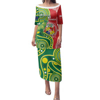 Custom Tonga Australia Rugby Family Matching Puletasi and Hawaiian Shirt Kangaroos And Tonga Mate Maa Together