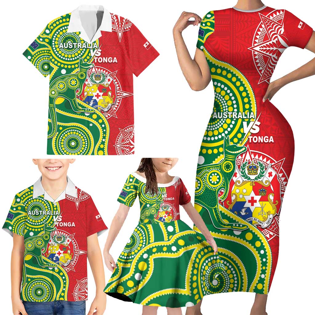 Custom Tonga Australia Rugby Family Matching Short Sleeve Bodycon Dress and Hawaiian Shirt Kangaroos And Tonga Mate Maa Together