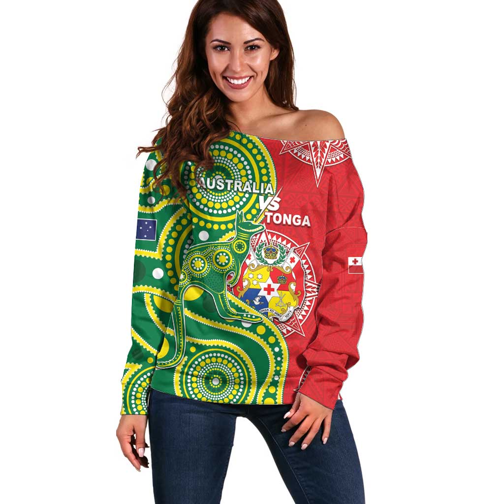 Custom Tonga Australia Rugby Off Shoulder Sweater Kangaroos And Tonga Mate Maa Together