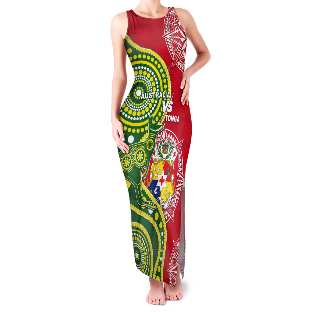 Custom Tonga Australia Rugby Tank Maxi Dress Kangaroos And Tonga Mate Maa Together LT05 Women Green - Polynesian Pride
