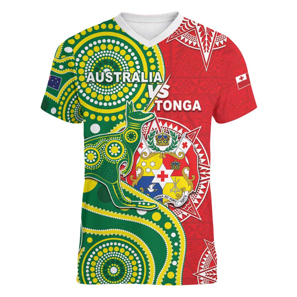 Custom Tonga Australia Rugby Women V-Neck T-Shirt Kangaroos And Tonga Mate Maa Together