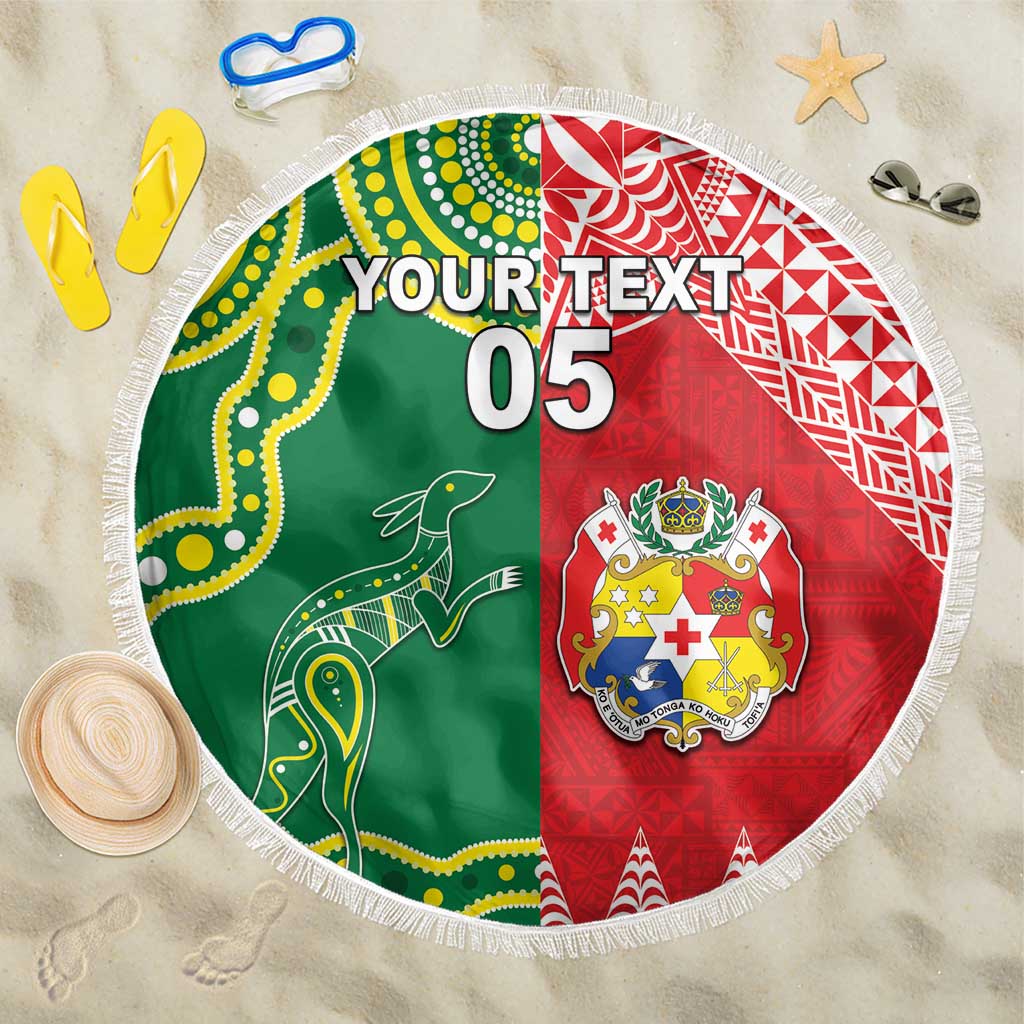 Custom Tonga XIII And Australia Kangaroos Beach Blanket Mate Maa Tongan Ngatu With Aboriginal LT05 One Size 150cm Red - Polynesian Pride