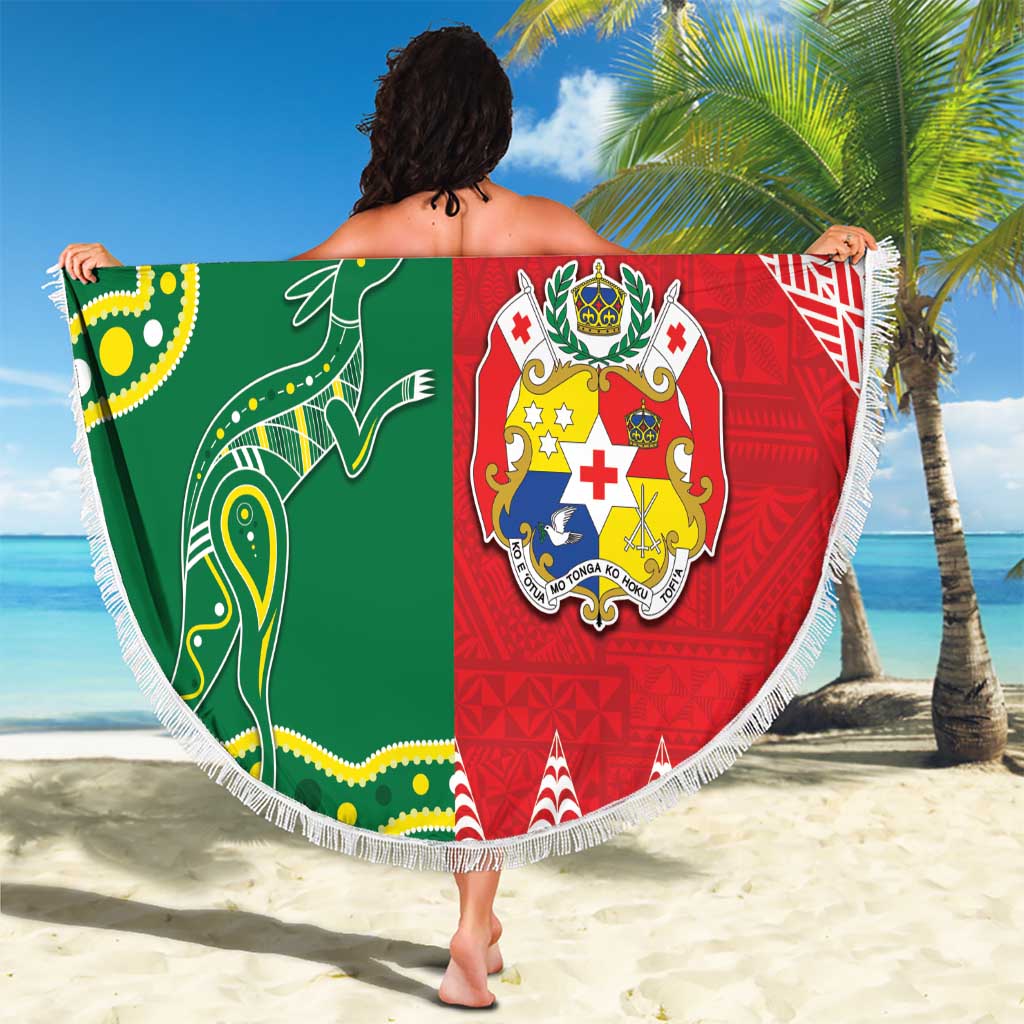 Custom Tonga XIII And Australia Kangaroos Beach Blanket Mate Maa Tongan Ngatu With Aboriginal LT05 - Polynesian Pride