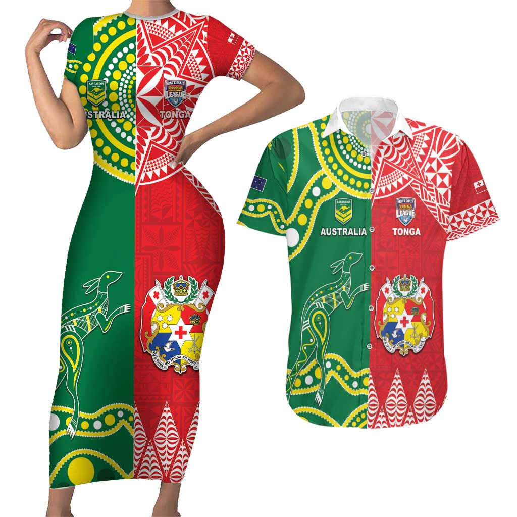 Custom Tonga XIII And Australia Kangaroos Couples Matching Short Sleeve Bodycon Dress and Hawaiian Shirt Mate Maa Tongan Ngatu With Aboriginal LT05 Red - Polynesian Pride