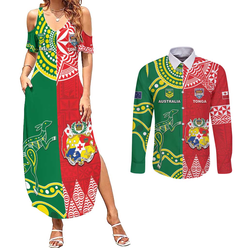 Custom Tonga XIII And Australia Kangaroos Couples Matching Summer Maxi Dress and Long Sleeve Button Shirt Mate Maa Tongan Ngatu With Aboriginal LT05 Red - Polynesian Pride