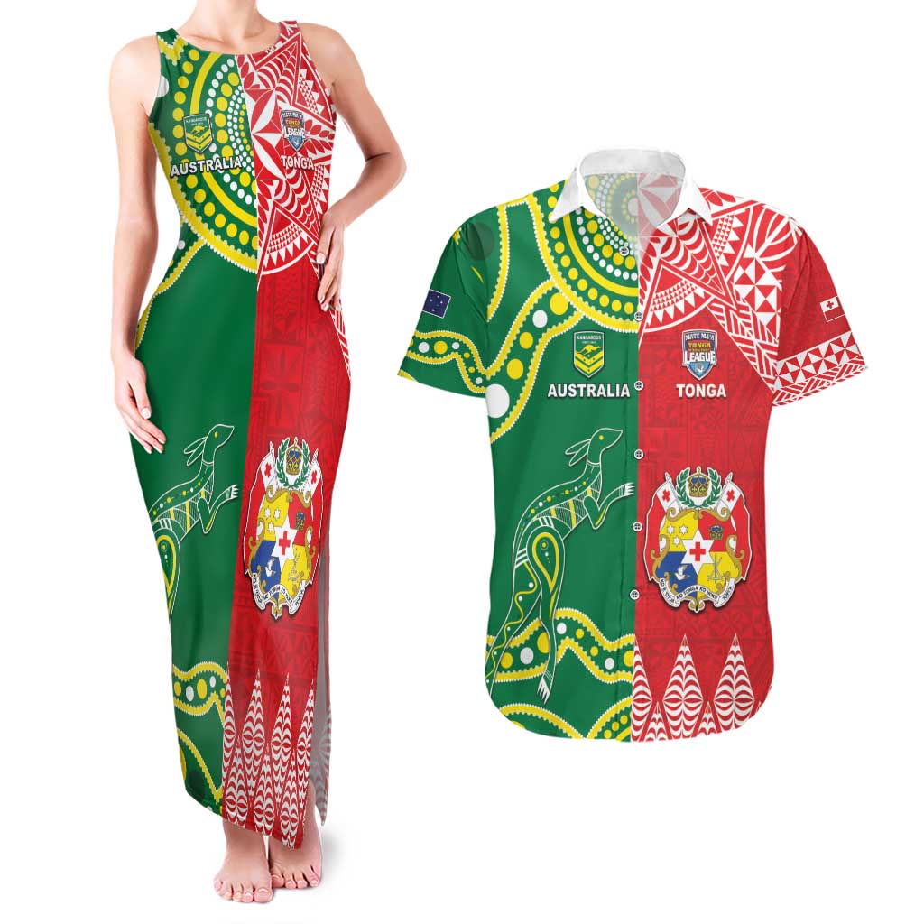 Custom Tonga XIII And Australia Kangaroos Couples Matching Tank Maxi Dress and Hawaiian Shirt Mate Maa Tongan Ngatu With Aboriginal LT05 Red - Polynesian Pride