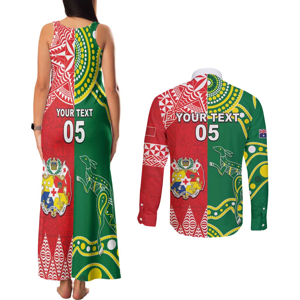 Custom Tonga XIII And Australia Kangaroos Couples Matching Tank Maxi Dress and Long Sleeve Button Shirt Mate Maa Tongan Ngatu With Aboriginal