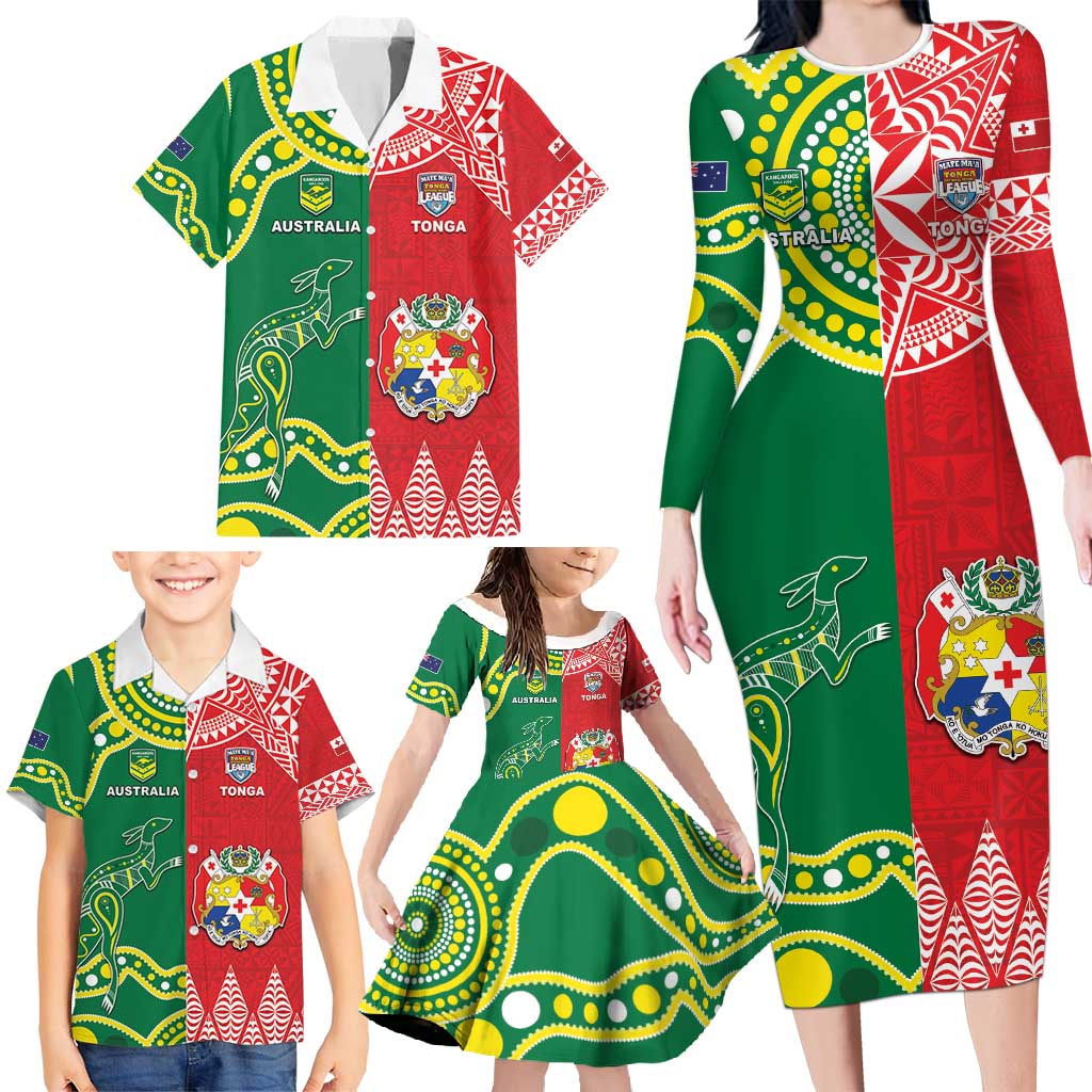 Custom Tonga XIII And Australia Kangaroos Family Matching Long Sleeve Bodycon Dress and Hawaiian Shirt Mate Maa Tongan Ngatu With Aboriginal