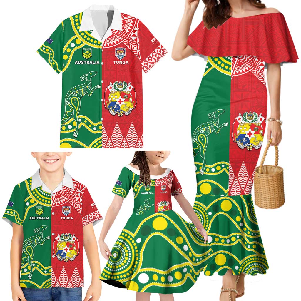 Custom Tonga XIII And Australia Kangaroos Family Matching Mermaid Dress and Hawaiian Shirt Mate Maa Tongan Ngatu With Aboriginal