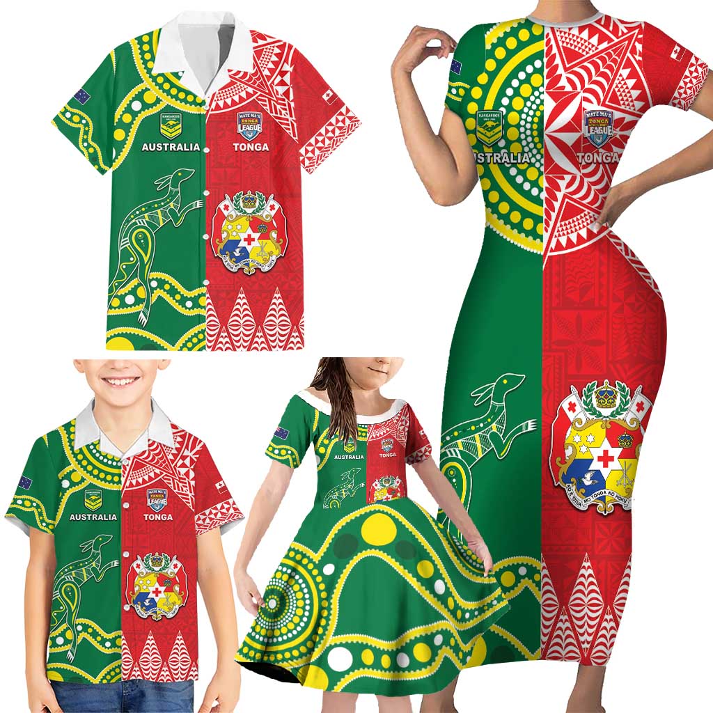 Custom Tonga XIII And Australia Kangaroos Family Matching Short Sleeve Bodycon Dress and Hawaiian Shirt Mate Maa Tongan Ngatu With Aboriginal