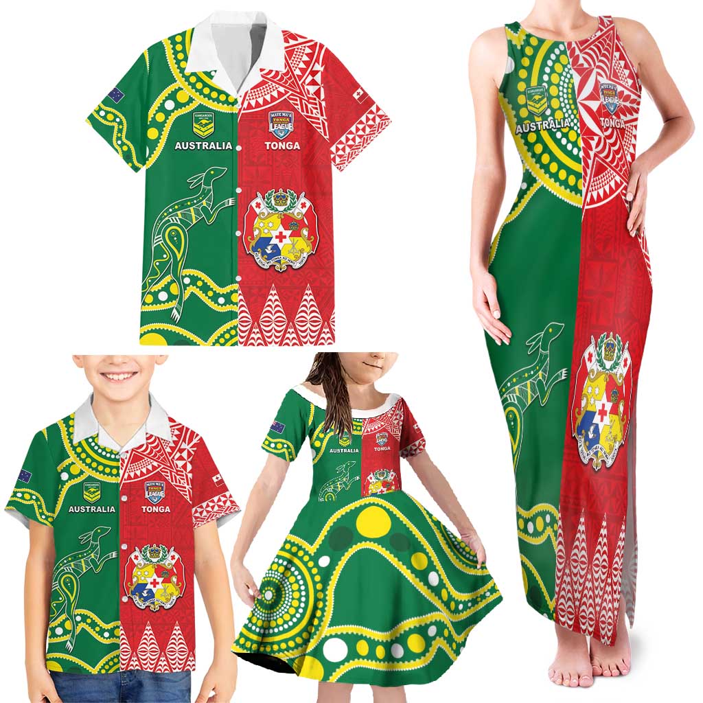 Custom Tonga XIII And Australia Kangaroos Family Matching Tank Maxi Dress and Hawaiian Shirt Mate Maa Tongan Ngatu With Aboriginal