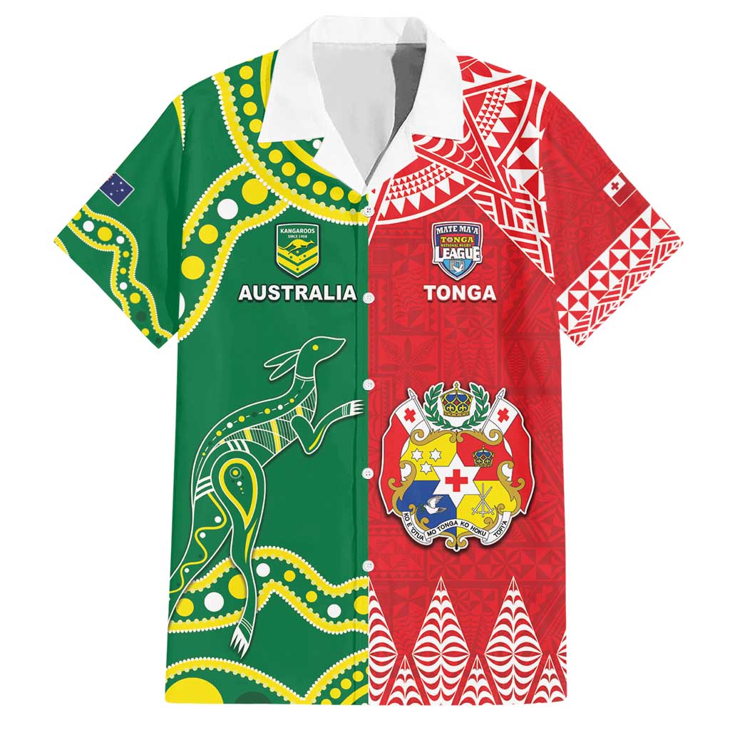 Custom Tonga XIII And Australia Kangaroos Hawaiian Shirt Mate Maa Tongan Ngatu With Aboriginal LT05 Red - Polynesian Pride