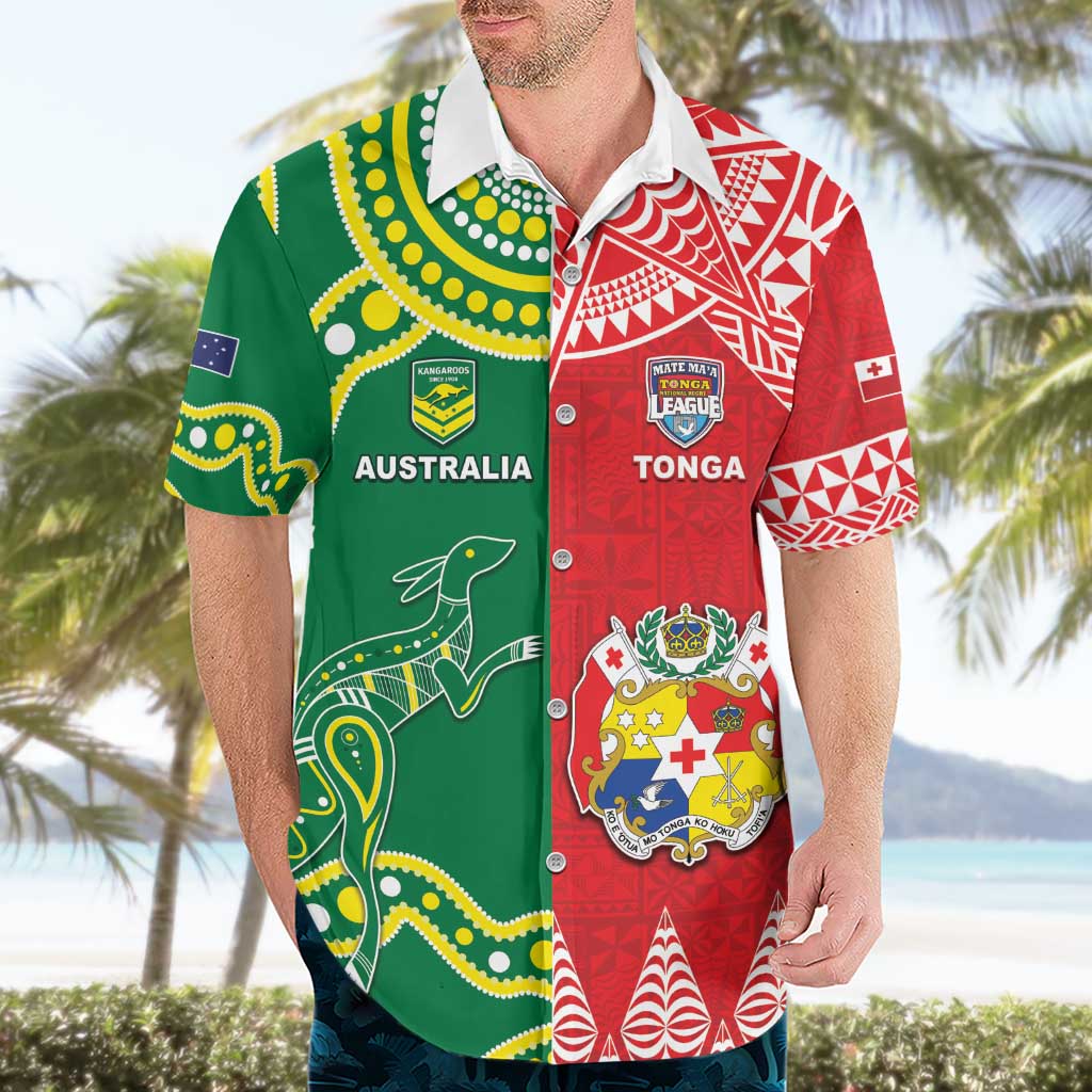 Custom Tonga XIII And Australia Kangaroos Hawaiian Shirt Mate Maa Tongan Ngatu With Aboriginal LT05 - Polynesian Pride